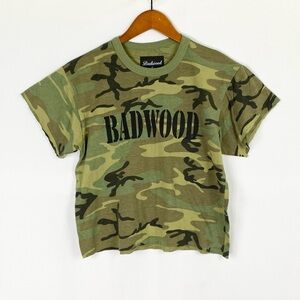 BADWOOD Camo Short Sleeve Crop Top Size Small Raw Hem Green
